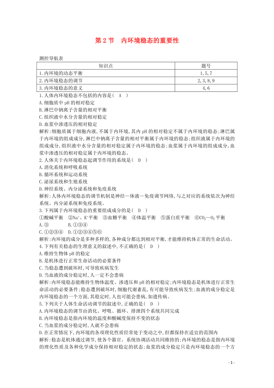 2020版高中生物 第1章 人體的內(nèi)環(huán)境與穩(wěn)態(tài) 第2節(jié) 內(nèi)環(huán)境穩(wěn)態(tài)的重要性課時(shí)作業(yè)（含解析）新人教版必修3_第1頁