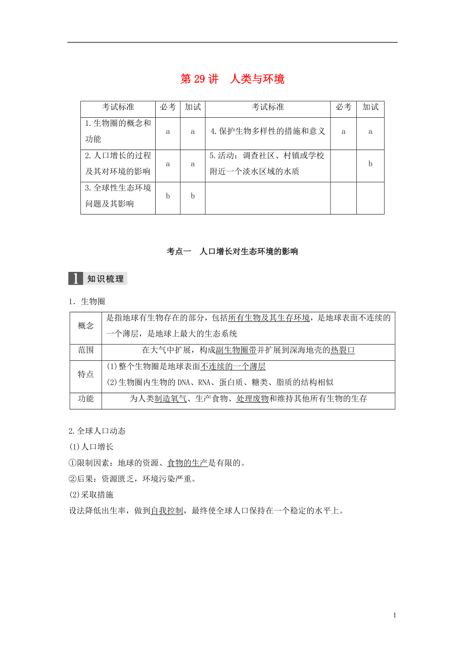 （浙江選考）2019版高考生物一輪總復(fù)習(xí) 第八單元 生物與環(huán)境 第29講 人類與環(huán)境學(xué)案_第1頁