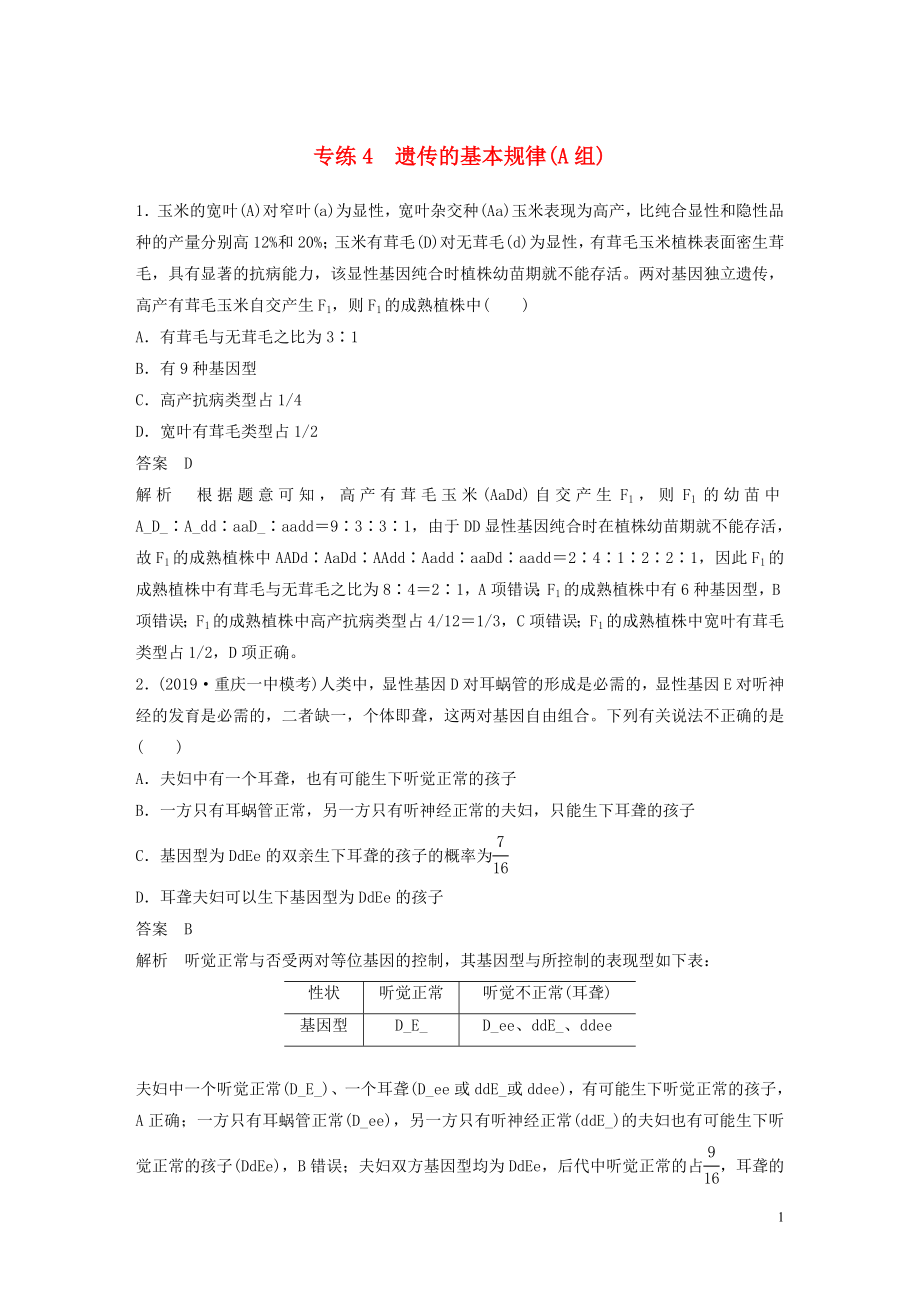 （浙江專用）2020年高考生物 考前增分專項練輯 專項1 選擇題速練 專練4 遺傳的基本規(guī)律（A組）（含解析）_第1頁