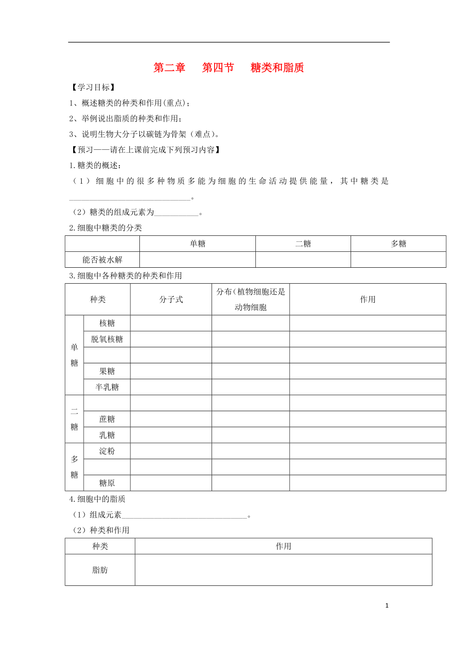 山東省滕州市高中生物 第二章 組成細(xì)胞的分子 第四節(jié) 糖類和脂質(zhì)導(dǎo)學(xué)案 新人教版必修1_第1頁(yè)