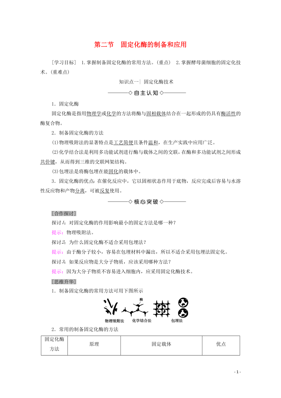 2019-2020學(xué)年高中生物 第3章 酶的應(yīng)用技術(shù)實踐 第2節(jié) 固定化酶的制備和應(yīng)用學(xué)案 蘇教版選修1_第1頁