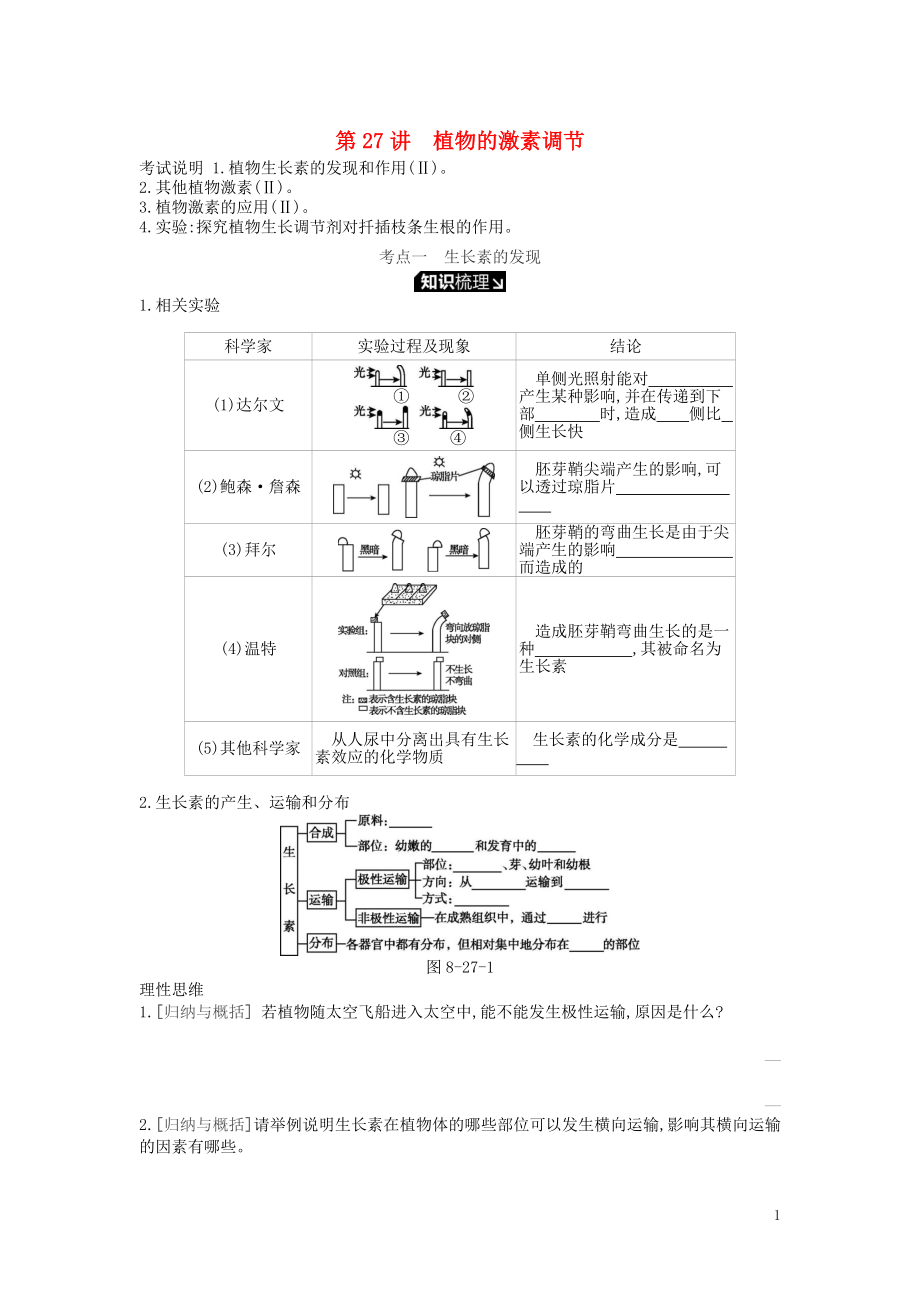 2019版高考生物一輪復習 第8單元 生命活動的調節(jié) 第27講 植物的激素調節(jié)學案 蘇教版_第1頁