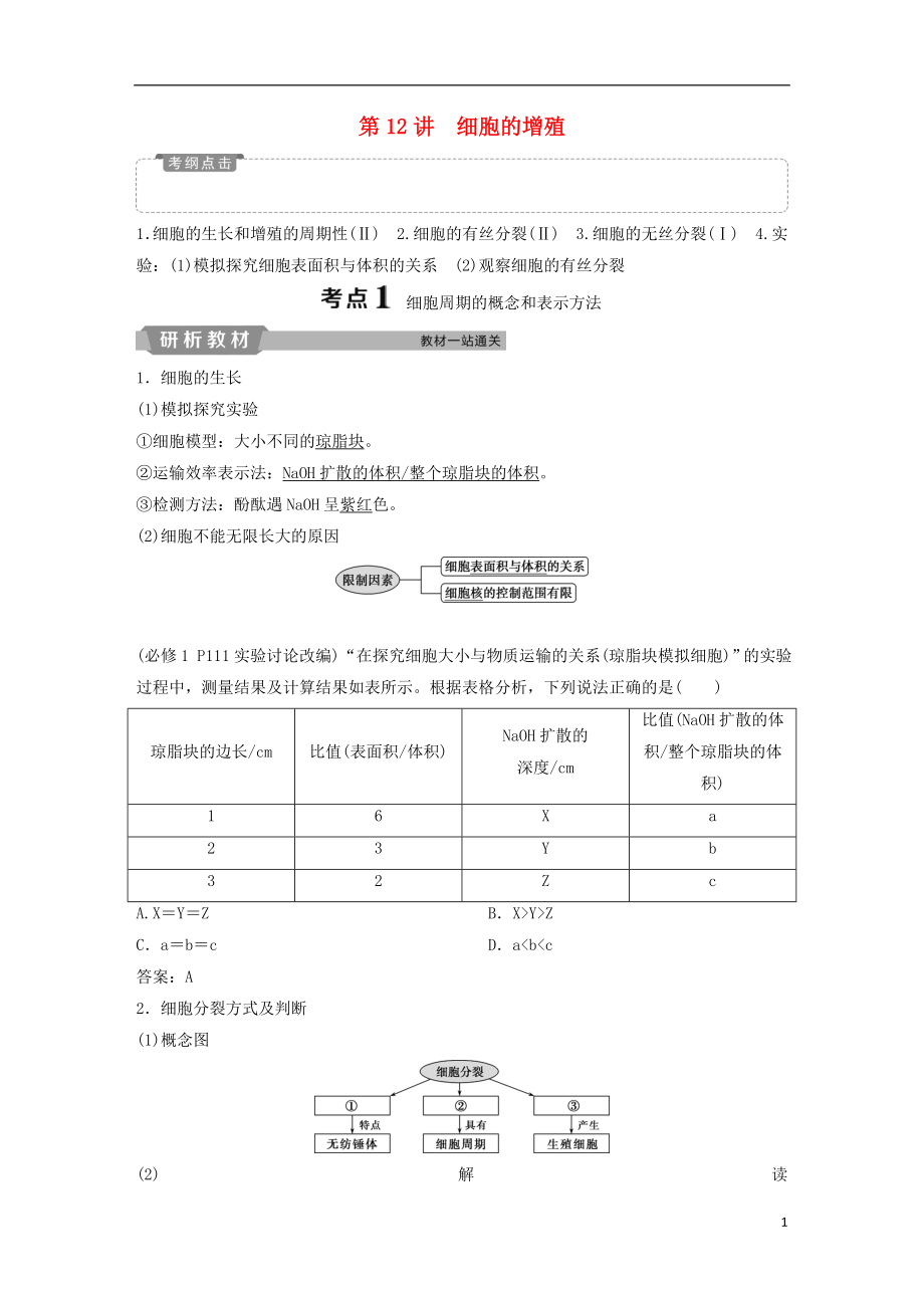 2019屆高考生物一輪復習 第四單元 細胞的生命歷程 第12講 細胞的增殖學案_第1頁