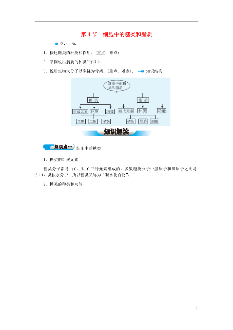 教材解讀2015高中生物 第2章 第4節(jié) 細胞中的糖類和脂質(zhì)學案 新人教版必修1_第1頁