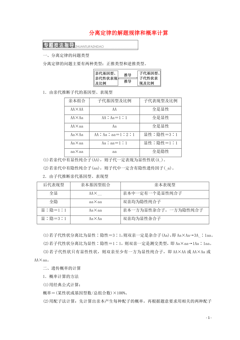 （浙江專版）2018年高中生物 第一章 孟德爾定律 小專題 大智慧 分離定律的解題規(guī)律和概率計算學案 浙科版必修2_第1頁