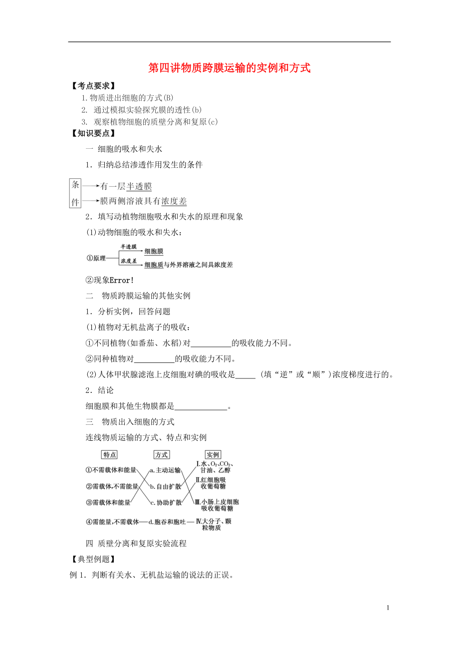 2016屆高三生物一輪復(fù)習(xí) 第4講 物質(zhì)跨膜運(yùn)輸?shù)膶?shí)例和方式導(dǎo)學(xué)案（無答案）_第1頁