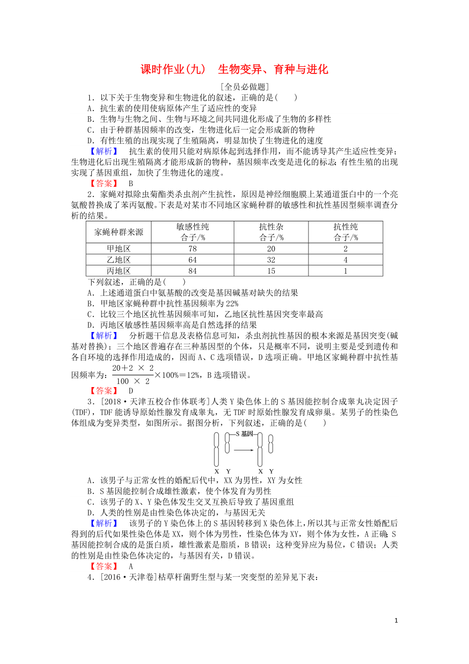 2019屆高考生物二輪復習 專題四 生命系統(tǒng)的遺傳、變異、進化 課時作業(yè)（九）生物變異、育種與進化_第1頁