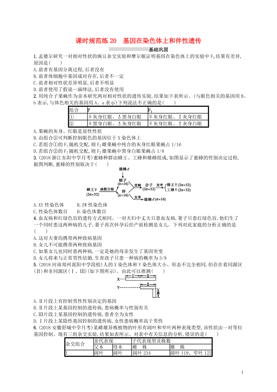 2020版高考生物大一輪復(fù)習(xí) 第6單元 孟德爾定律與伴性遺傳 課時(shí)規(guī)范練20 基因在染色體上和伴性遺傳 新人教版_第1頁