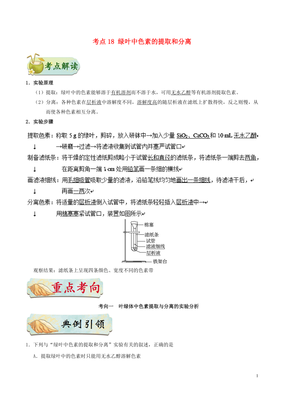 備戰(zhàn)2019年高考生物 考點(diǎn)一遍過 考點(diǎn)18 綠葉中色素的提取和分離（含解析）_第1頁