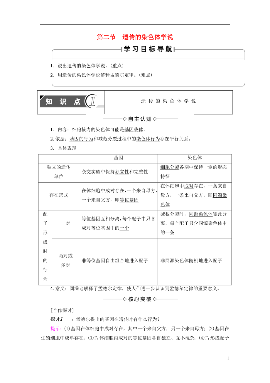 （教師用書）2016-2017版高中生物 第2章 染色體與遺傳 第2節(jié) 遺傳的染色體學(xué)說學(xué)案 浙科版必修2_第1頁