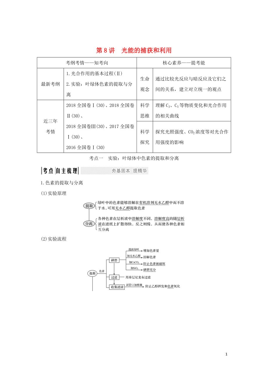 2020版高考生物 第四單元 細(xì)胞的能量供應(yīng)與利用 第8講 光能的捕獲和利用學(xué)案 中圖版必修1_第1頁(yè)