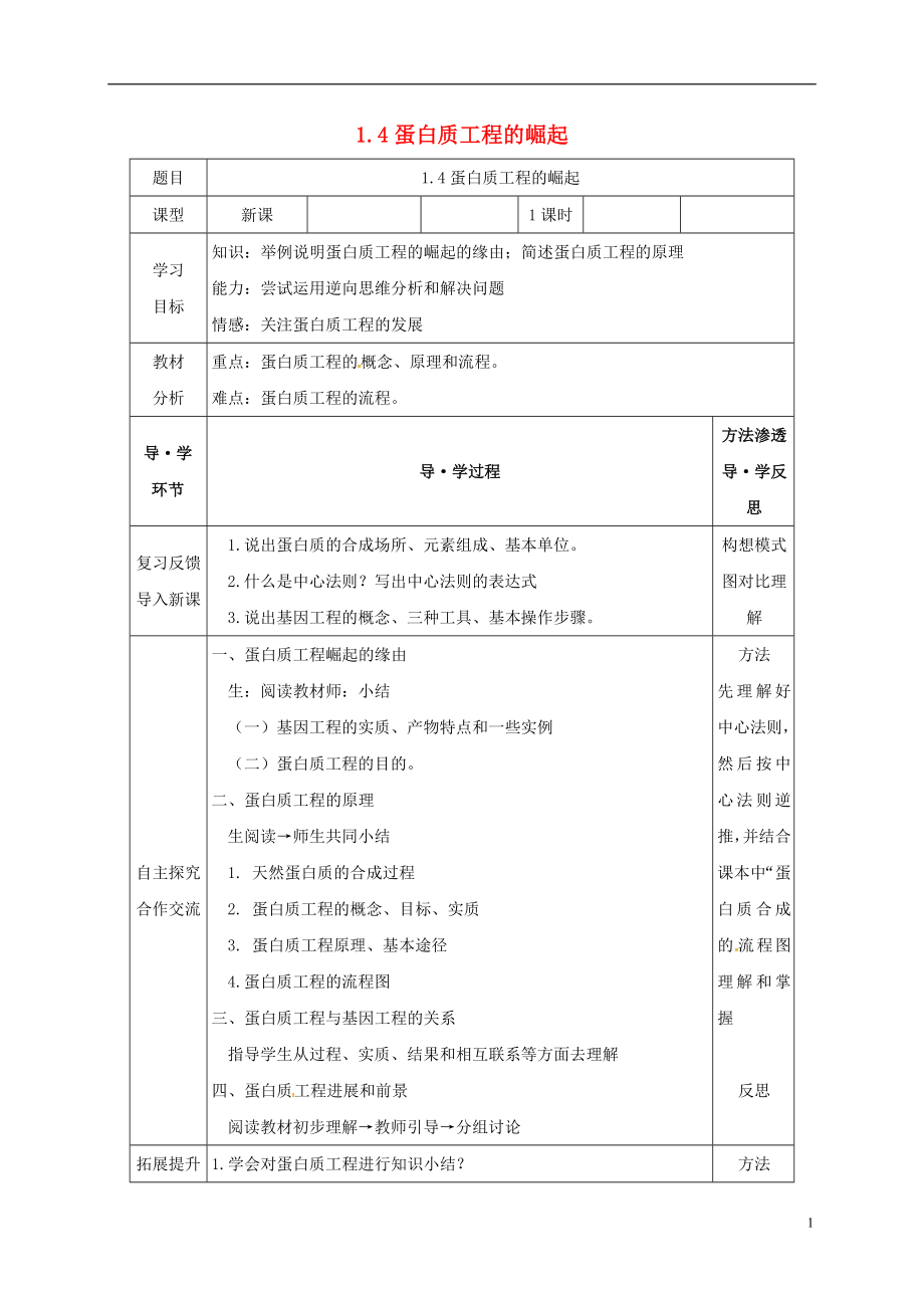 黑龍江省海林市高中生物 專題1 基因工程 1.4 蛋白質(zhì)工程的崛起學(xué)案（無(wú)答案）新人教版選修3_第1頁(yè)