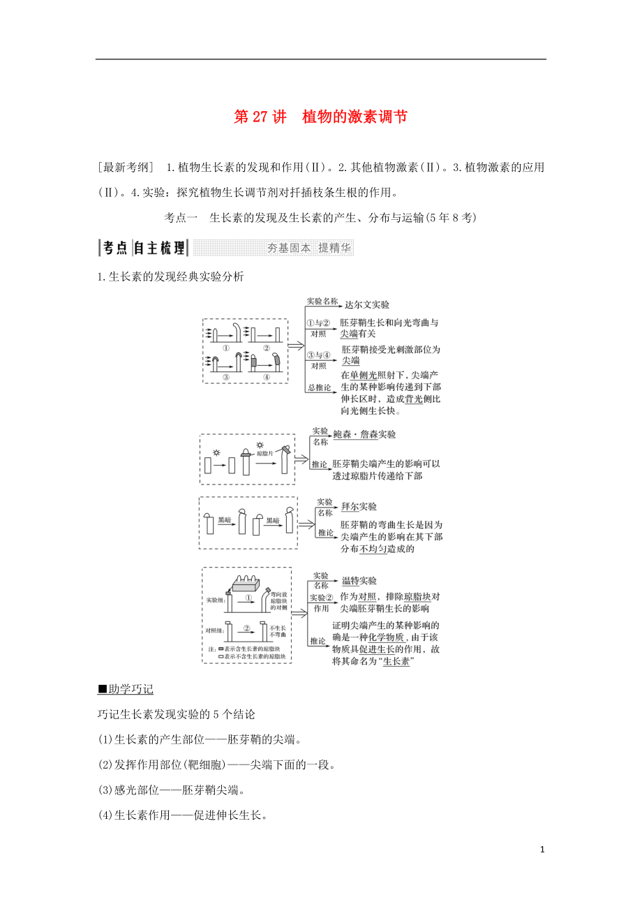 2018屆高考生物一輪復(fù)習(xí) 第八單元 生命活動(dòng)的調(diào)節(jié) 第27講 植物的激素調(diào)節(jié)學(xué)案_第1頁