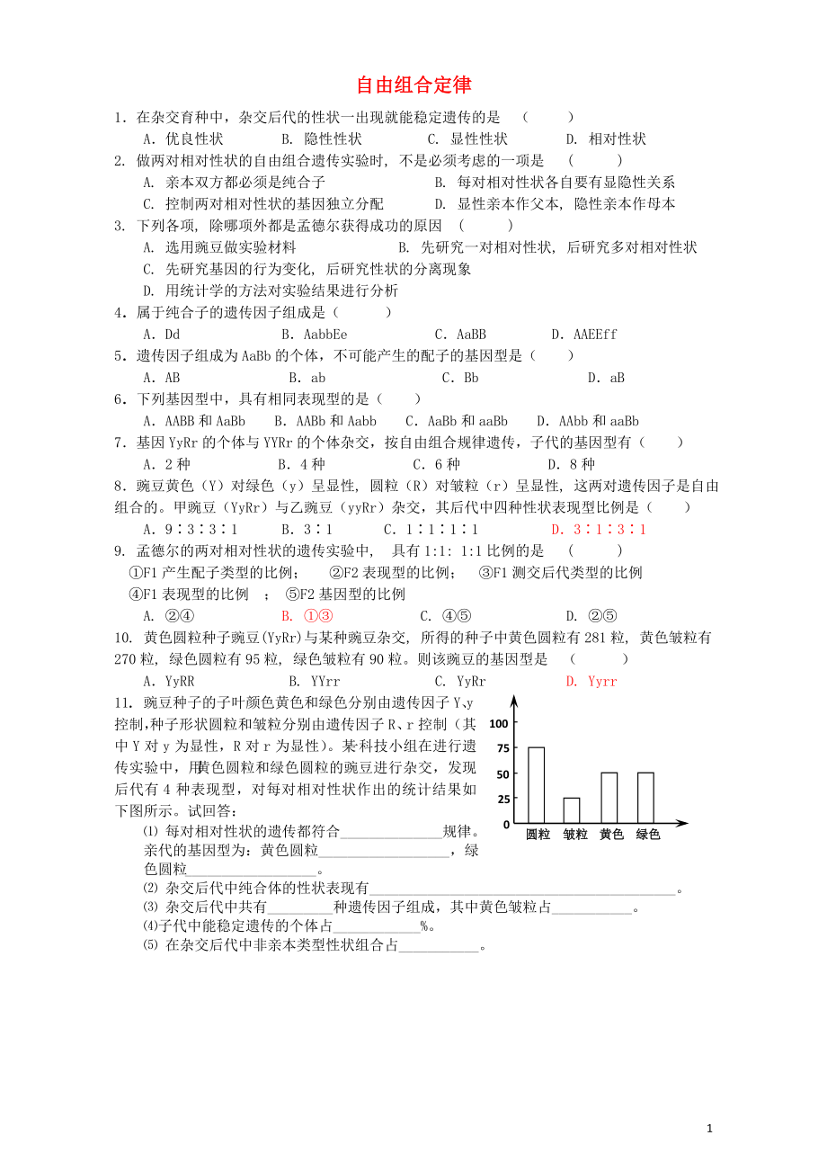 高中生物 第二节 自由组合定律 3练习（含解析）浙科版必修2_第1页