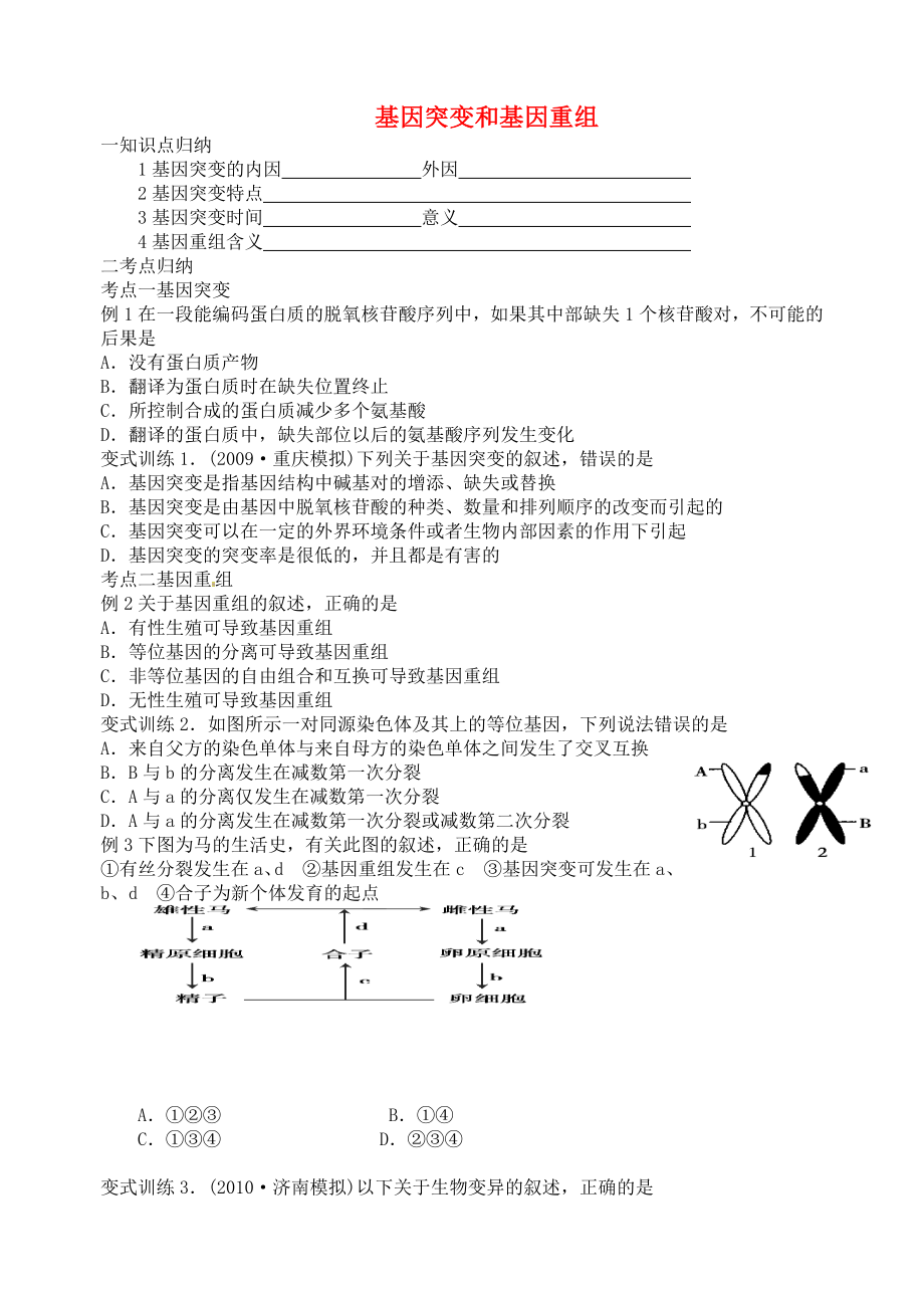 江蘇省大豐市南陽中學(xué)2015屆高考生物一輪復(fù)習(xí) 基因突變和基因重組學(xué)案 蘇教版必修2_第1頁