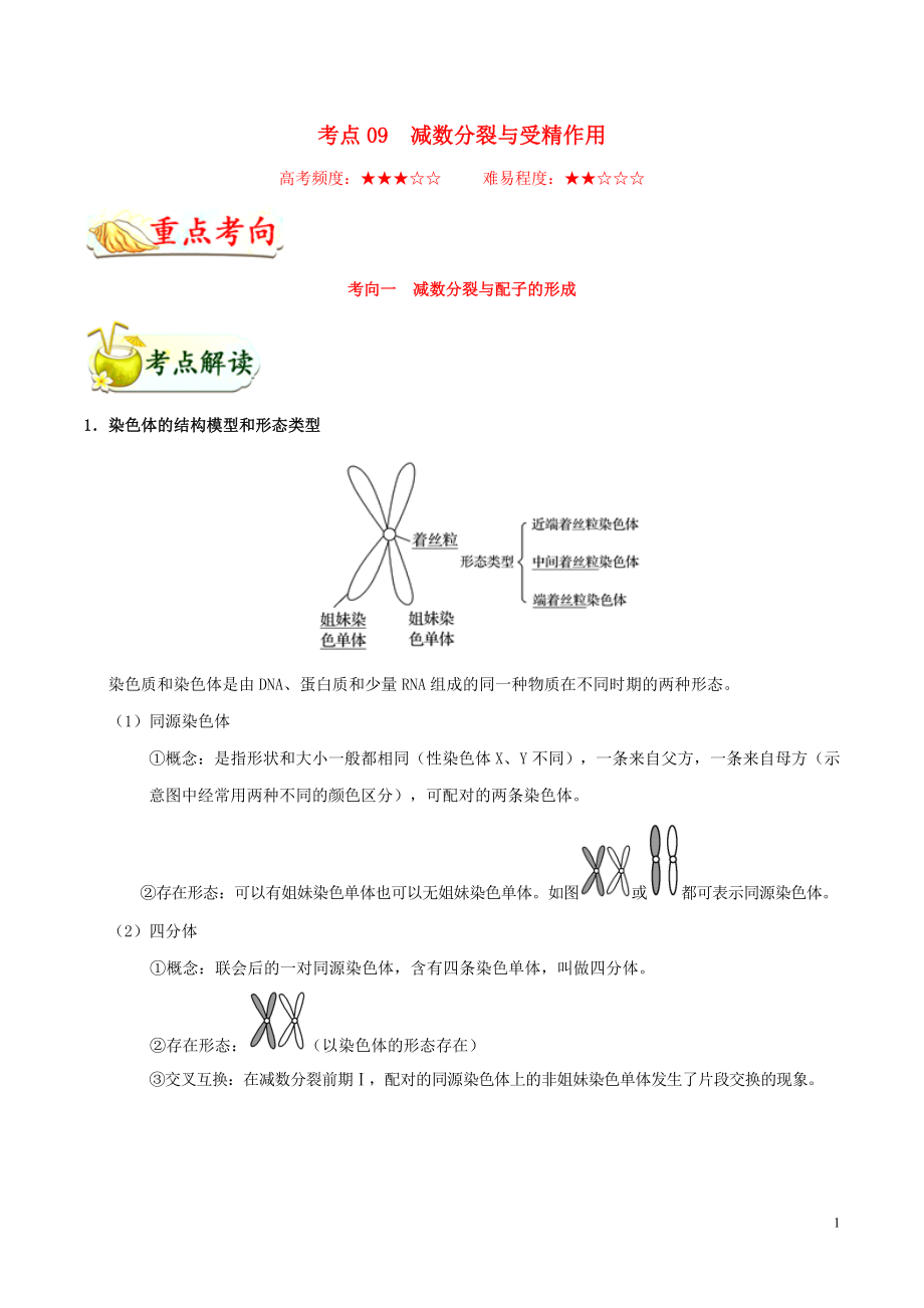 浙江新高考備戰(zhàn)2020年高考生物 考點(diǎn)一遍過09 減數(shù)分裂與受精作用（含解析）_第1頁