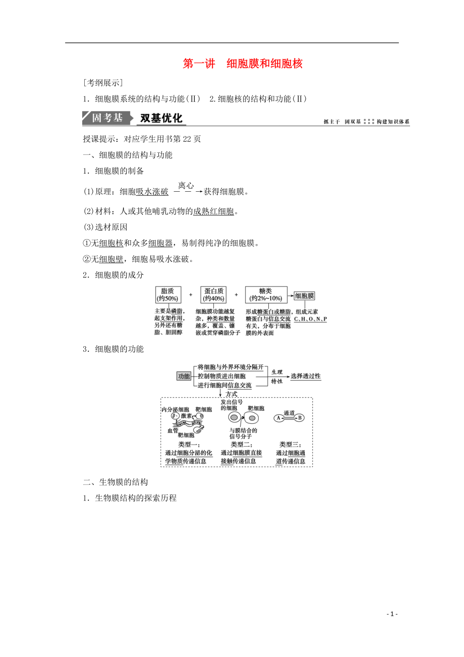 2018版高考生物一輪復習 第二單元 細胞的基本結構和物質運輸 第一講 細胞膜和細胞核學案 新人教版_第1頁