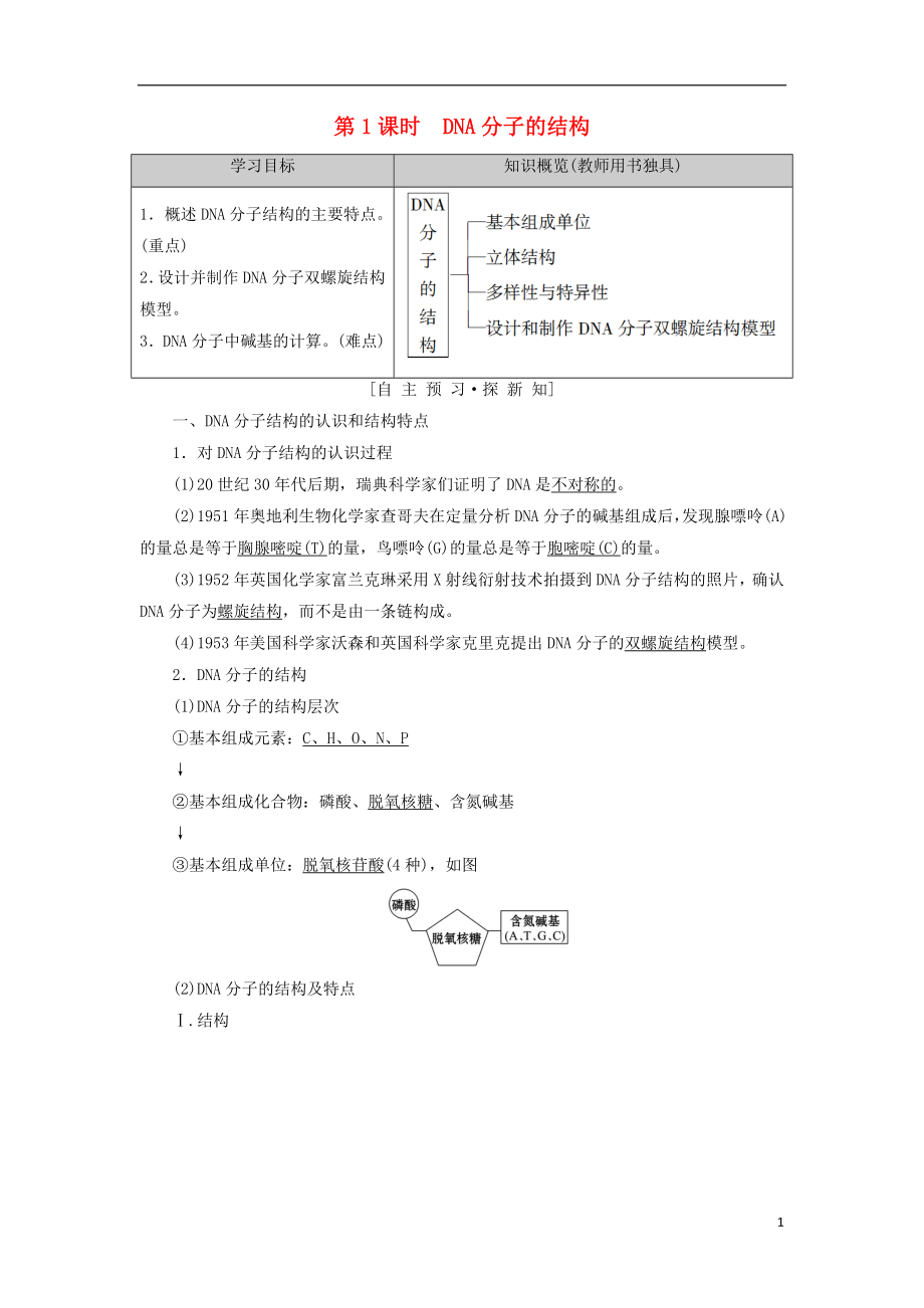 2018-2019高中生物 第4章 遺傳的分子基礎(chǔ) 第2節(jié) 第1課時 DNA分子的結(jié)構(gòu)學(xué)案 蘇教版必修2_第1頁