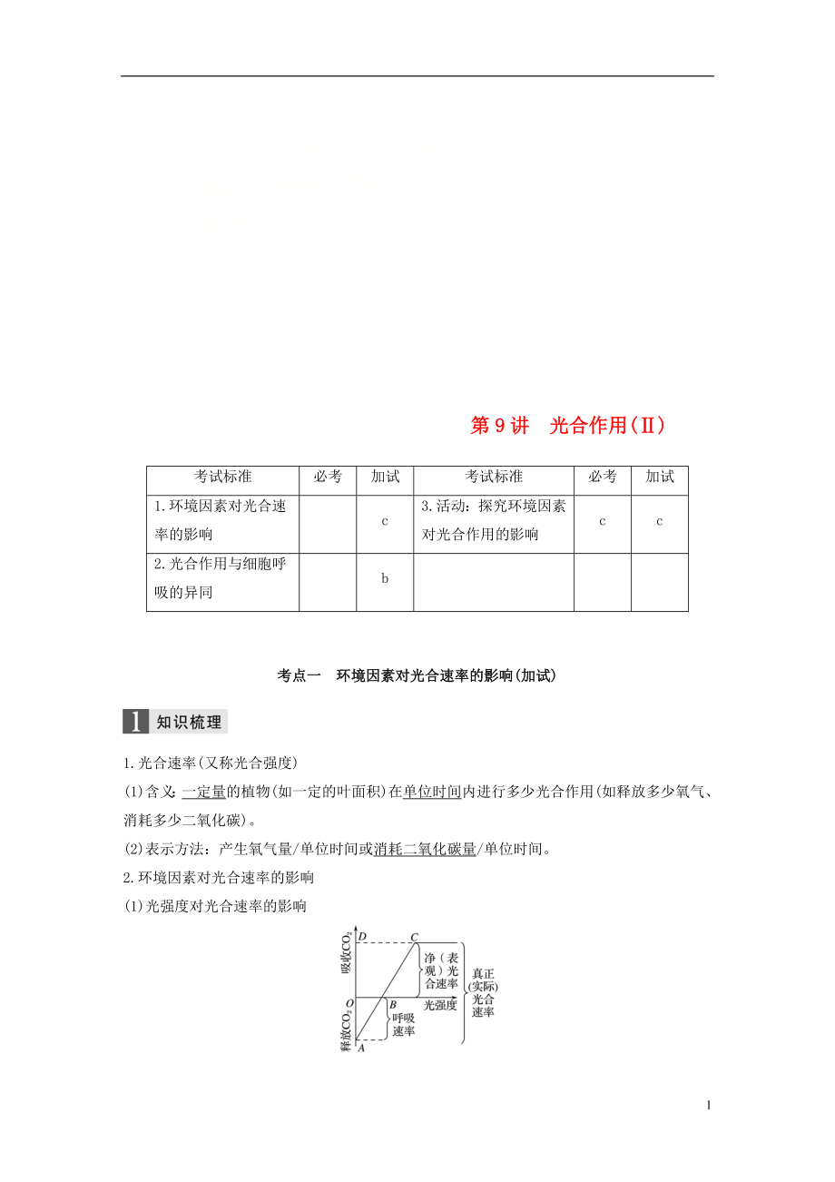 （浙江选考）2019版高考生物一轮总复习 第二单元 细胞的代谢 第9讲 光合作用(Ⅱ)学案_第1页