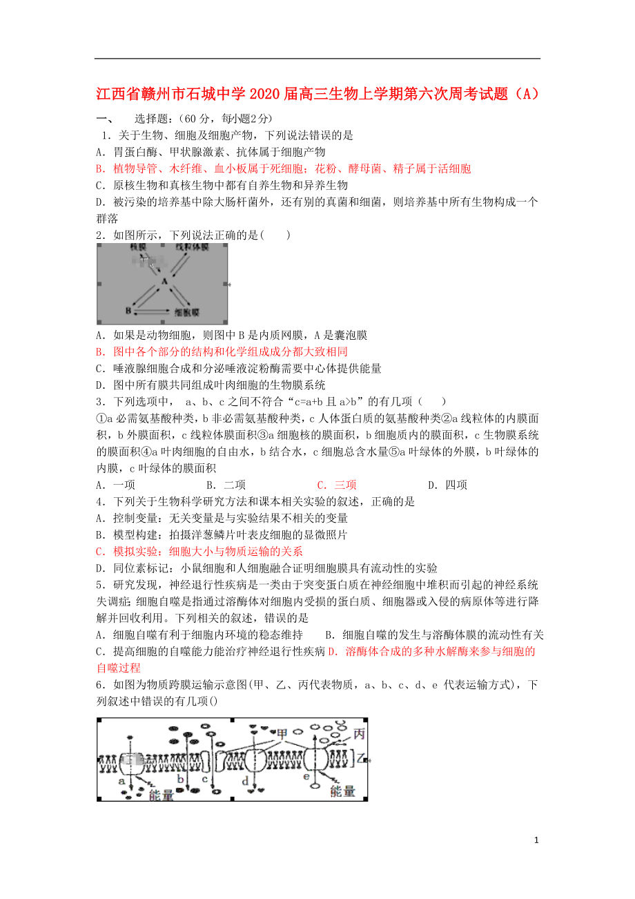 江西省赣州市石城中学2020届高三生物上学期第六次周考试题（A）_第1页