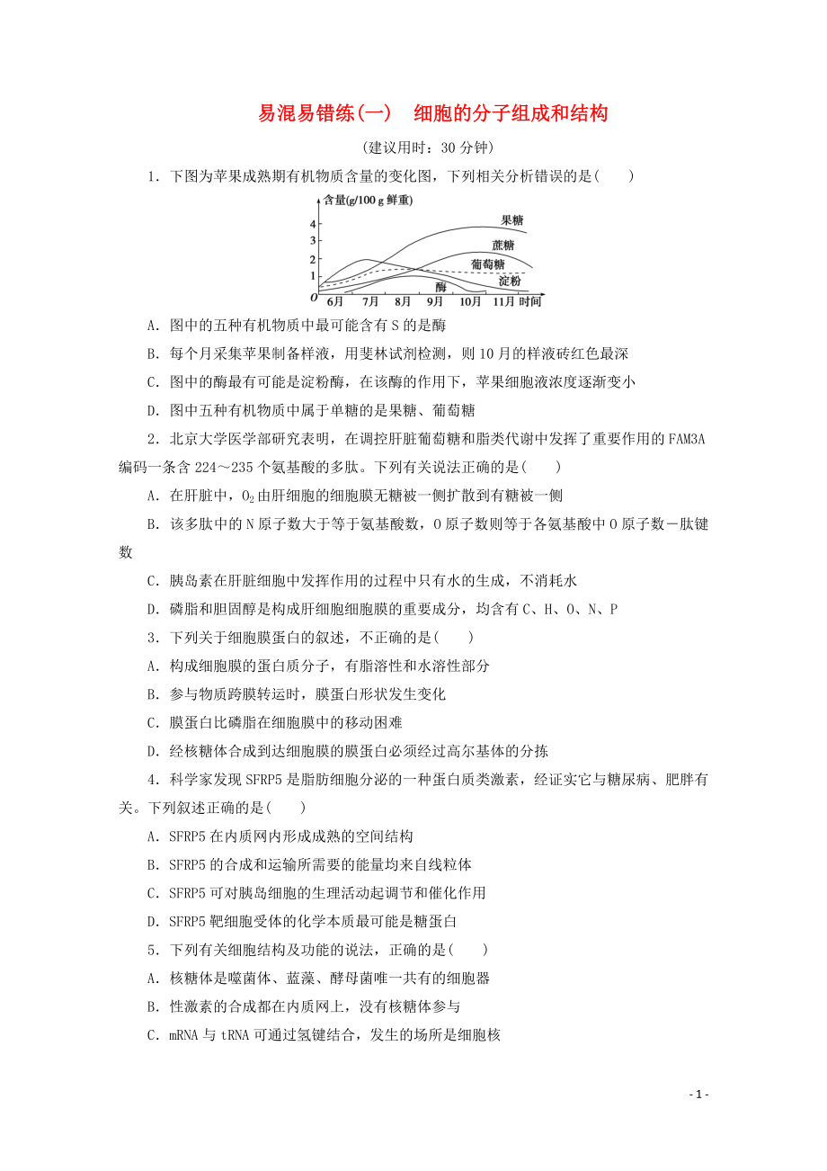 （京津魯瓊版）2020版新高考生物三輪復習 易混易錯練（一）細胞的分子組成和結(jié)構(gòu)（含解析）_第1頁