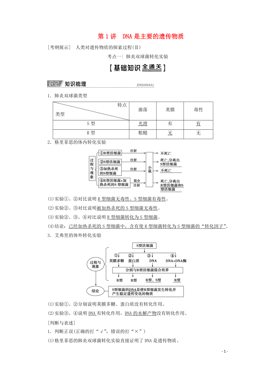 2020版高考生物一輪復(fù)習(xí) 第6單元 第1講 DNA是主要的遺傳物質(zhì)教學(xué)案 新人教版_第1頁