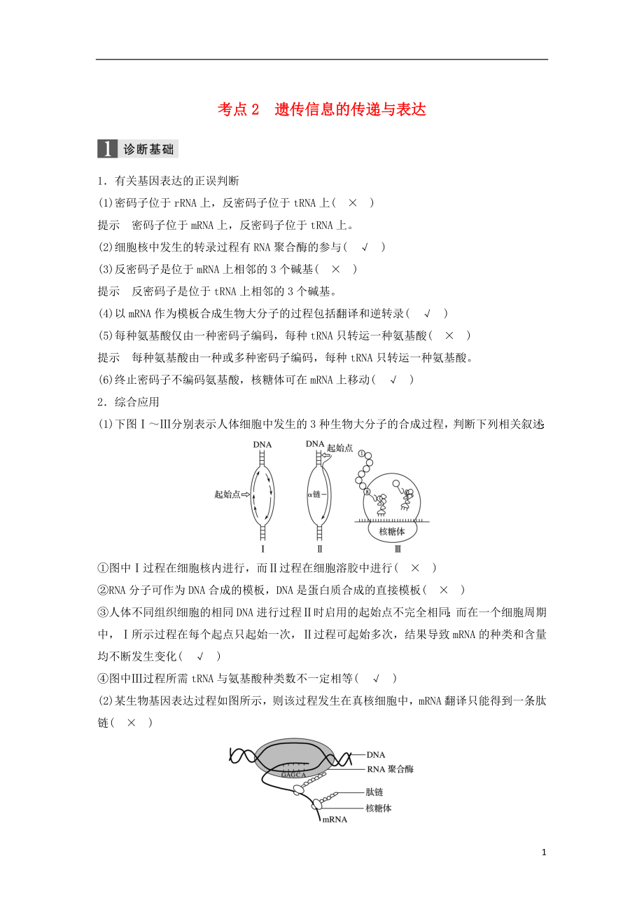 （浙江選考）2018屆高三生物二輪專題復(fù)習(xí) 專題六 遺傳的物質(zhì)基礎(chǔ) 考點(diǎn)2 遺傳信息的傳遞與表達(dá)學(xué)案 新人教版_第1頁(yè)