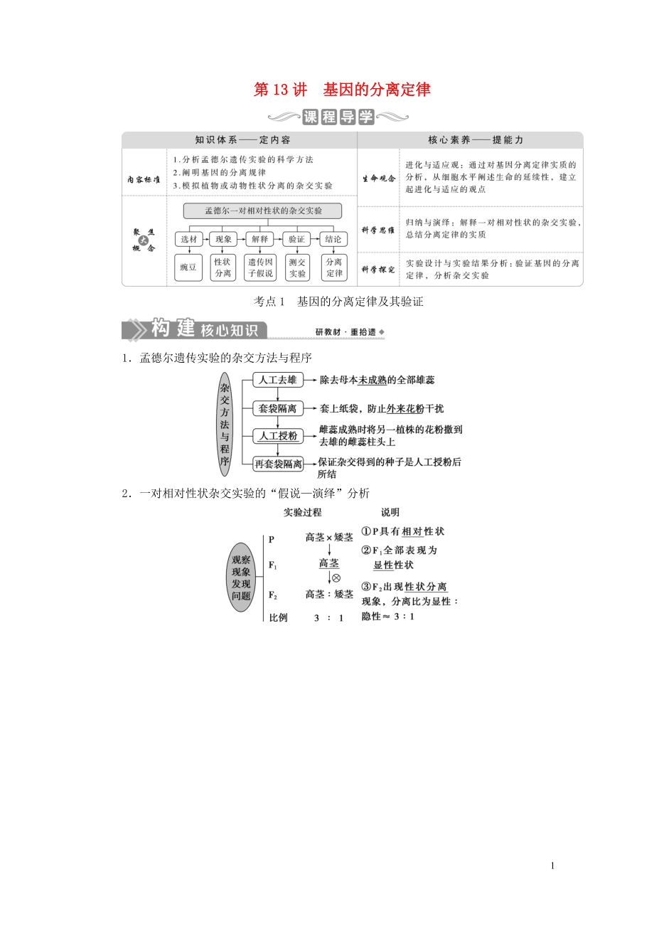 （選考）2021版新高考生物一輪復(fù)習(xí) 第五單元 遺傳的基本規(guī)律和伴性遺傳 第13講 基因的分離定律學(xué)案 新人教版_第1頁