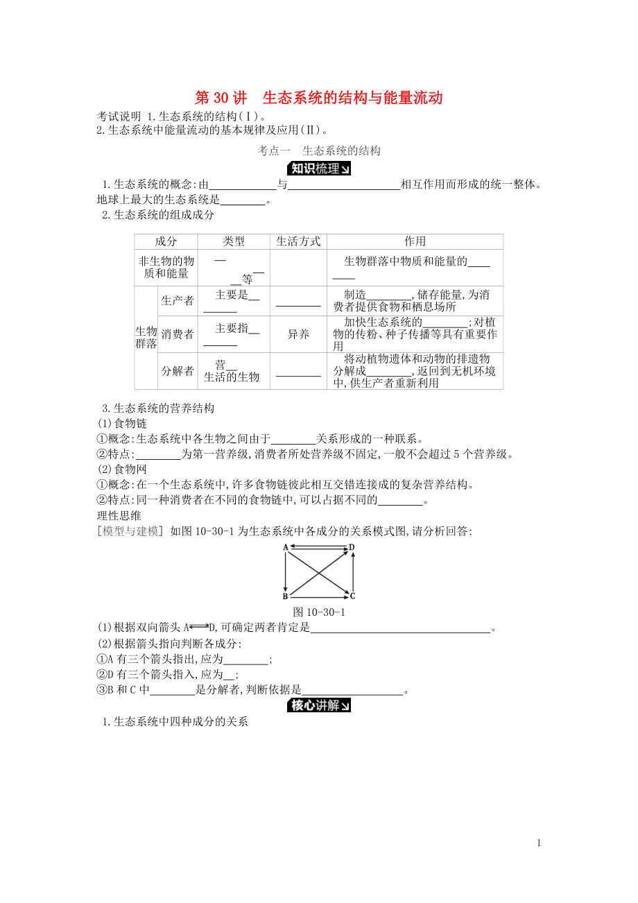 2019版高考生物一輪復(fù)習(xí) 第10單元 生態(tài)系統(tǒng)與生態(tài)環(huán)境的保護(hù) 第30講 生態(tài)系統(tǒng)的結(jié)構(gòu)與能量流動(dòng)學(xué)案 蘇教版_第1頁(yè)