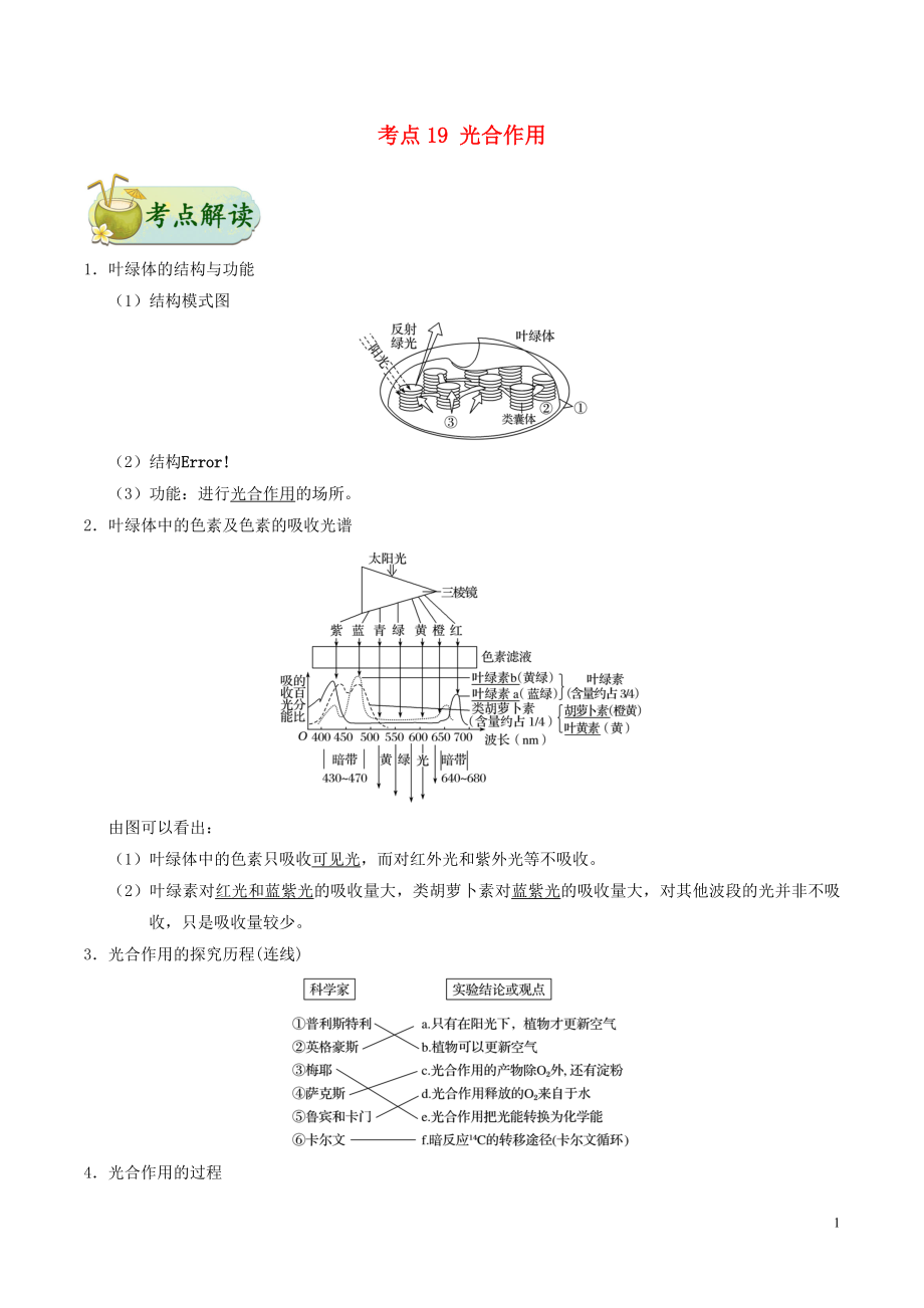 備戰(zhàn)2019年高考生物 考點(diǎn)一遍過 考點(diǎn)19 光合作用（含解析）_第1頁