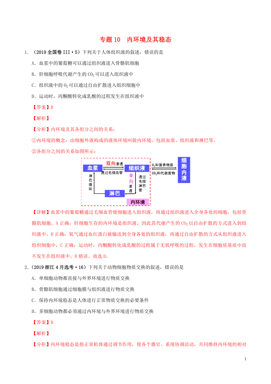 三年高考（2017-2019）高考生物真題分項匯編 專題10 內(nèi)環(huán)境及其穩(wěn)態(tài)（含解析）_第1頁