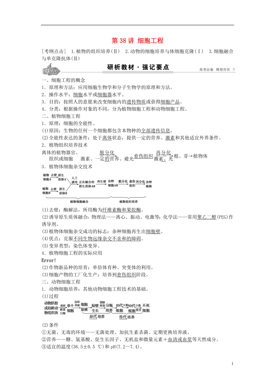 2017高考生物總復習 第11單元 第38講 細胞工程學案_第1頁