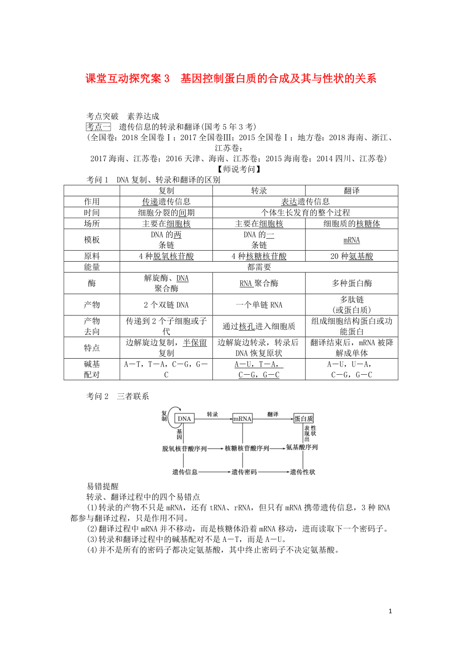 2020版高考生物一輪復習 課堂互動探究案3 基因控制蛋白質的合成及其與性狀的關系（含解析）_第1頁