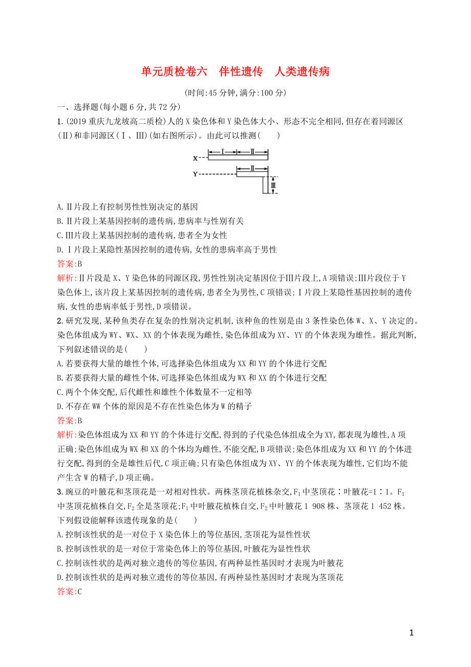 （廣西專用）2021版高考生物一輪復(fù)習(xí) 單元質(zhì)檢卷六 伴性遺傳 人類遺傳病（含解析）新人教版_第1頁(yè)