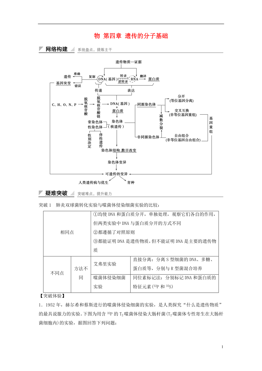 2015-2016學(xué)年高中生物 第四章 遺傳的分子基礎(chǔ)章末整合提升學(xué)案 蘇教版必修2_第1頁(yè)