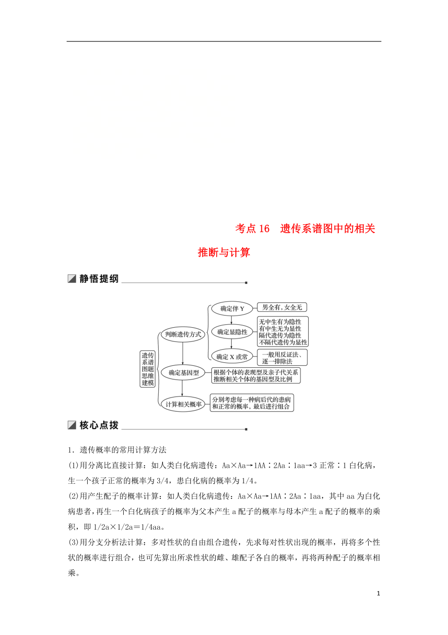 （江蘇專用）2019高考生物二輪復(fù)習(xí) 專題五 基因的傳遞規(guī)律 考點(diǎn)16 遺傳系譜圖中的相關(guān)推斷與計(jì)算學(xué)案_第1頁