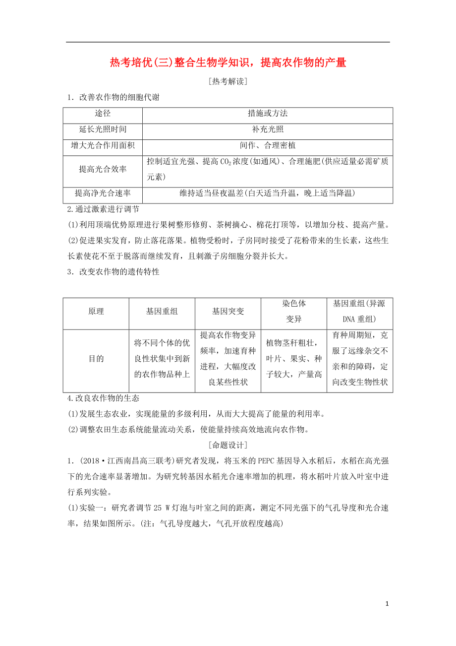 2019屆高考生物一輪復(fù)習(xí) 第三單元 細(xì)胞的能量供應(yīng)和利用 熱考培優(yōu)（三）整合生物學(xué)知識(shí)提高農(nóng)作物的產(chǎn)量學(xué)案_第1頁