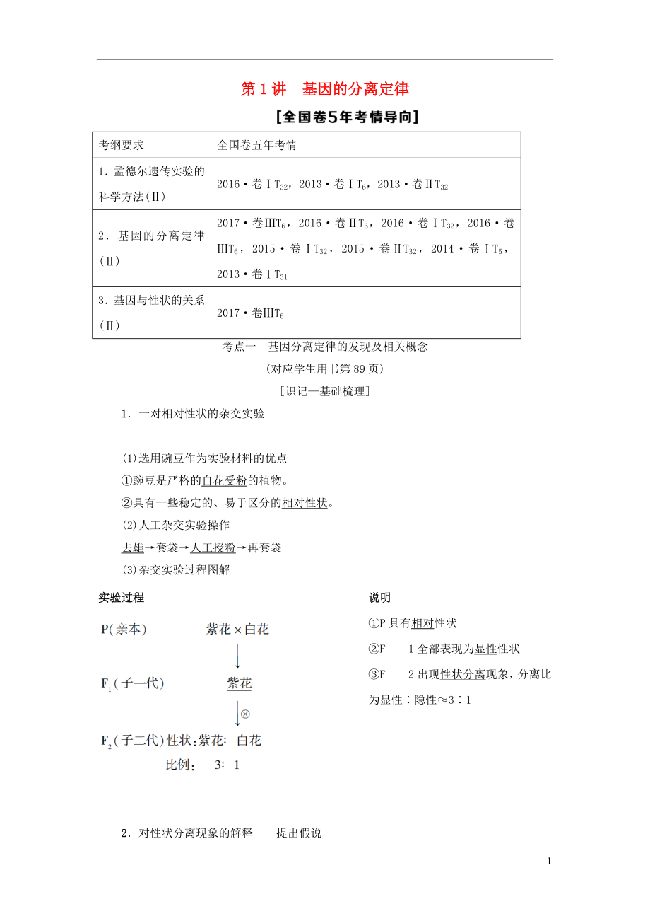 2019版高考生物一輪復(fù)習 第5單元 遺傳和染色體 第1講 基因的分離定律學(xué)案 蘇教版_第1頁