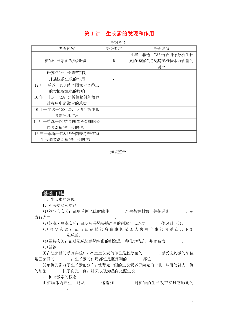 （江蘇專用）2019年高考生物一輪總復(fù)習(xí) 第9單元 植物的激素調(diào)節(jié) 第1講 生長素的發(fā)現(xiàn)和作用學(xué)案_第1頁