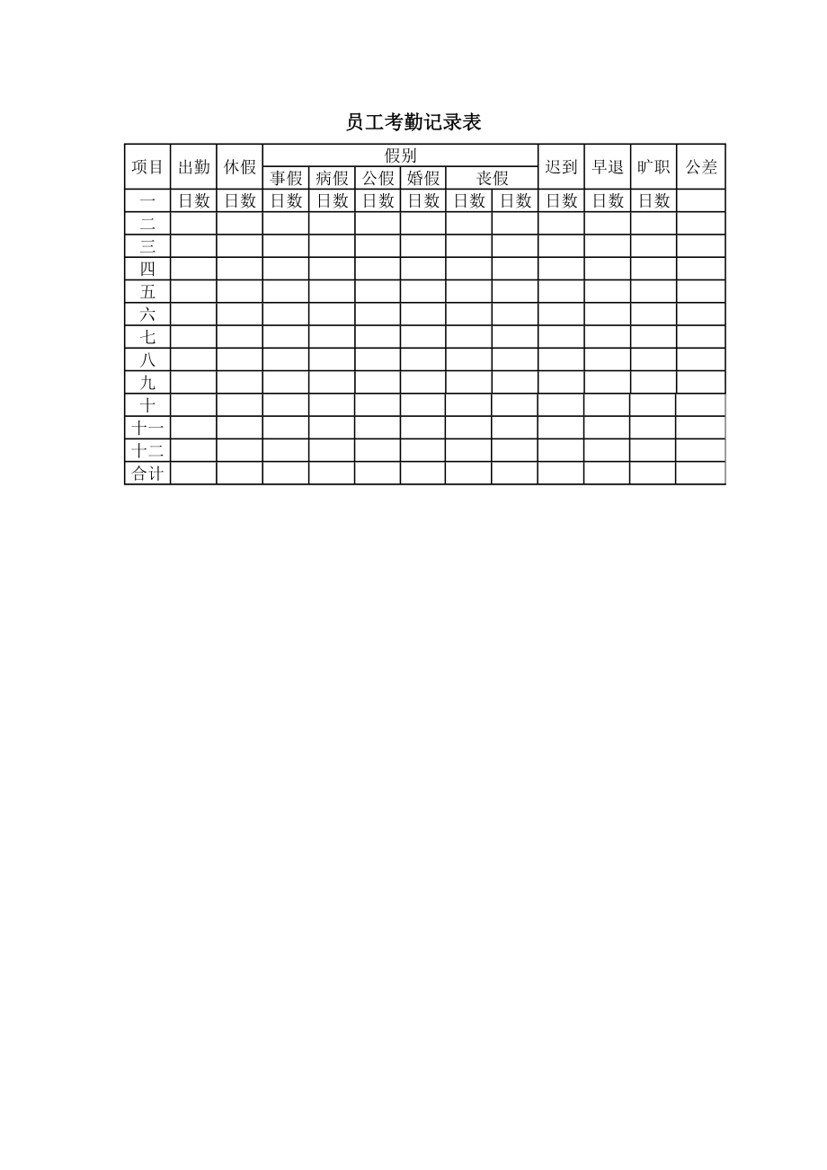 《員工考勤記錄表》word版_第1頁