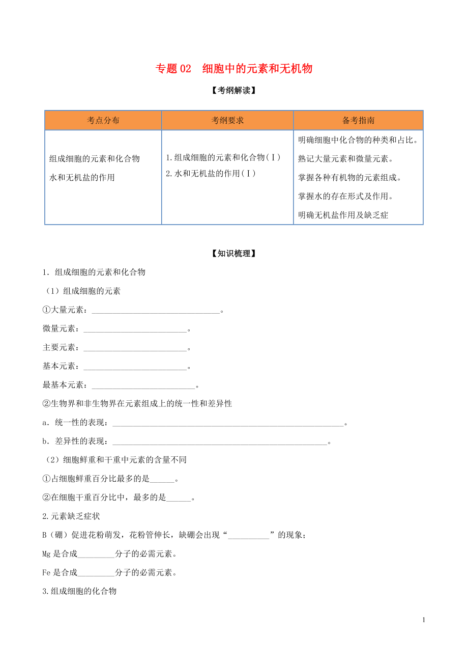 2020年領(lǐng)軍高考生物一輪復(fù)習(xí) 專題02 細(xì)胞中的元素和無機(jī)物（含解析）_第1頁