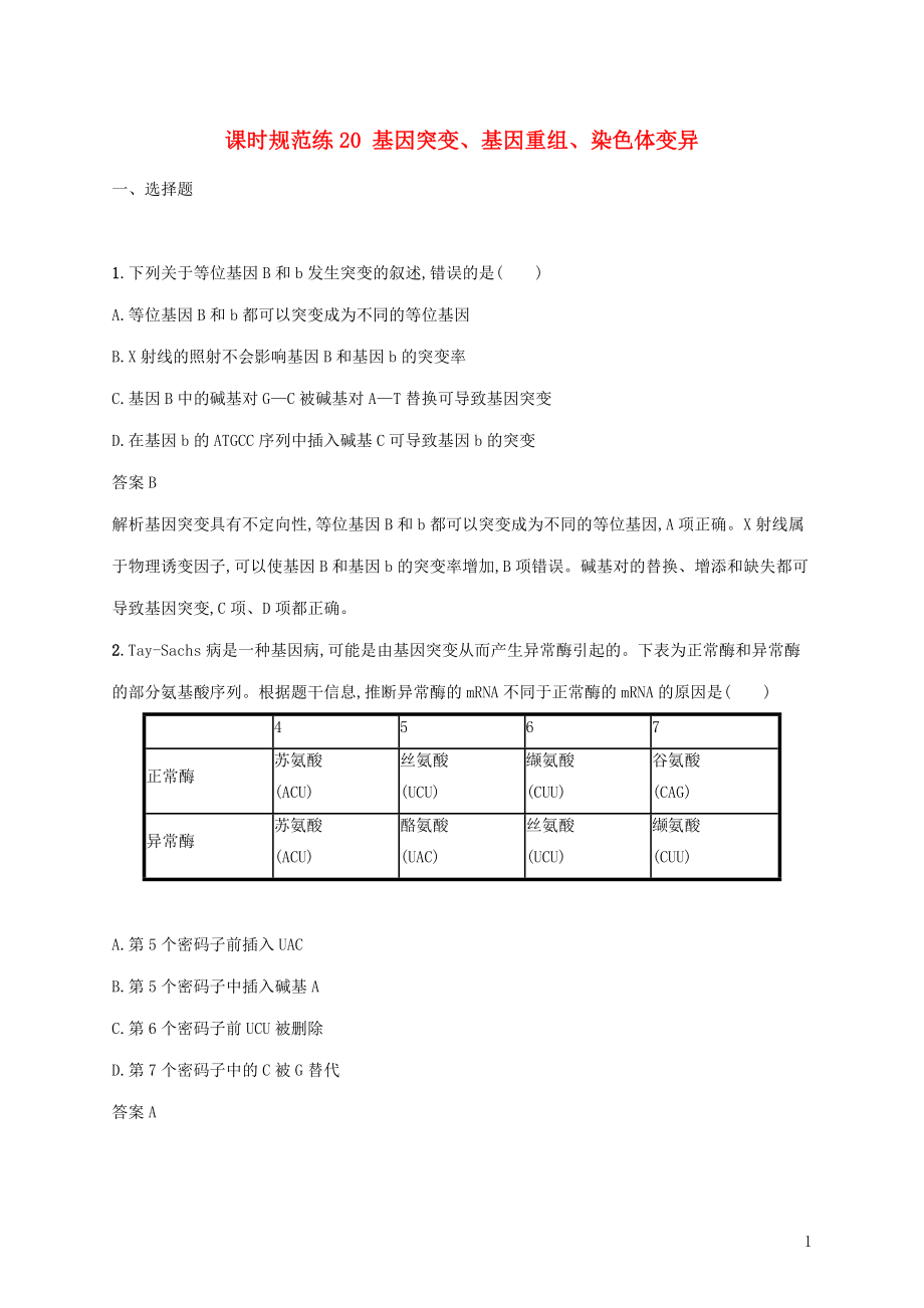 2020版高考生物一輪復(fù)習(xí) 課時(shí)規(guī)范練20 基因突變、基因重組、染色體變異（含解析）蘇教版_第1頁(yè)