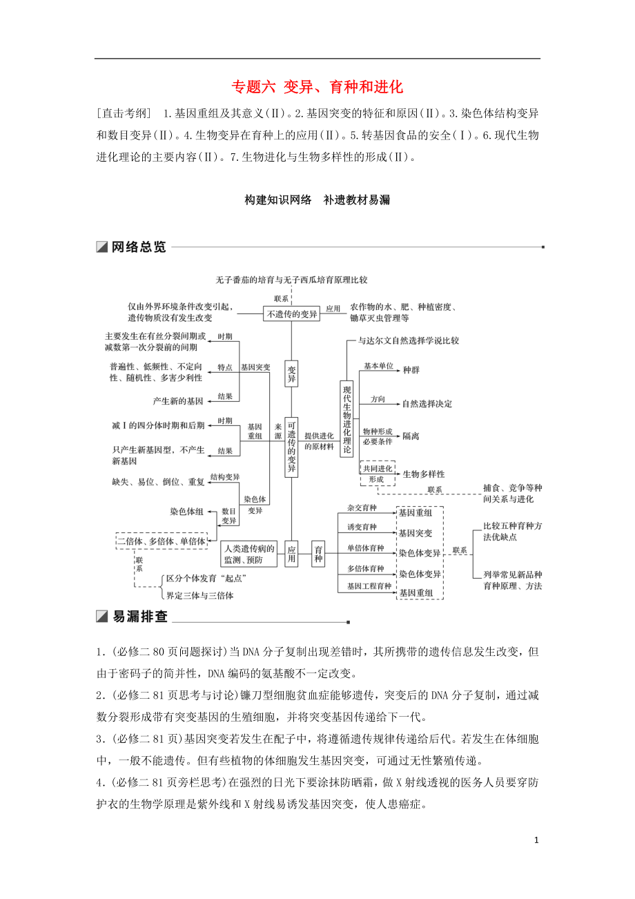 （通用版）2019版高考生物二轮复习 专题六 变异、育种和进化 构建知识网络 补遗教材易漏学案_第1页