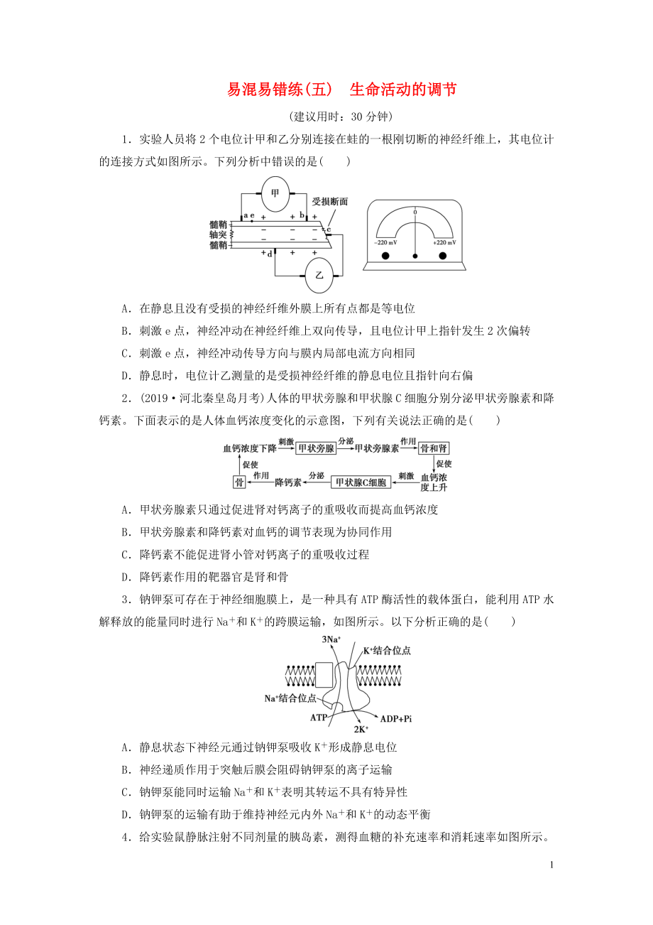 （新高考）2020高考生物二轮复习 第二部分 易混易错练 易混易错练（五） 生命活动的调节_第1页