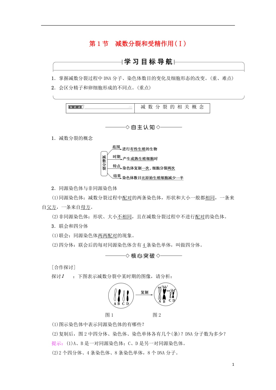 2018版高中生物 第二章 基因和染色體的關(guān)系 第1節(jié) 減數(shù)分裂和受精作用（Ⅰ）學(xué)案 新人教版必修2_第1頁(yè)