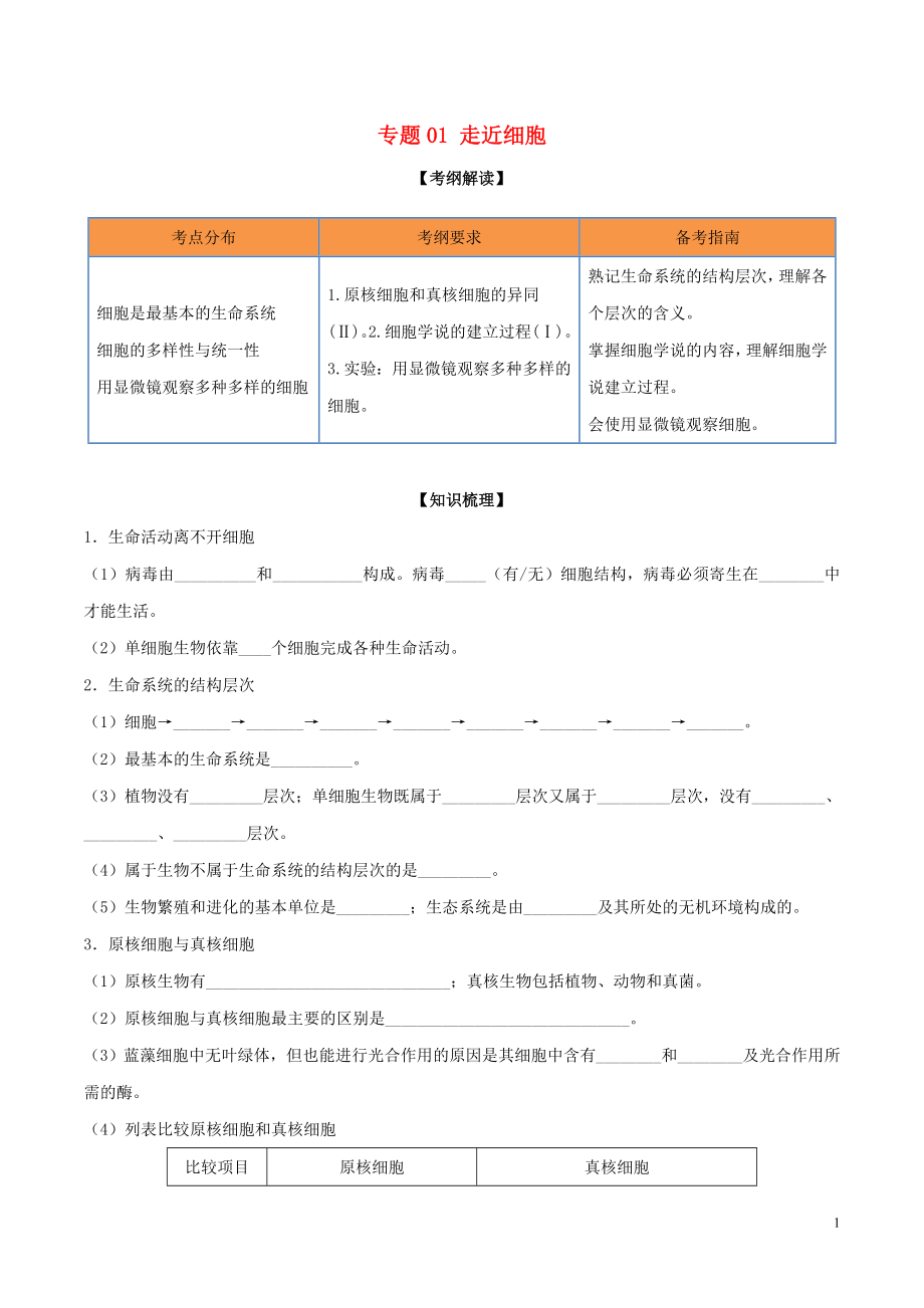 2020年领军高考生物一轮复习 专题01 走近细胞（含解析）_第1页