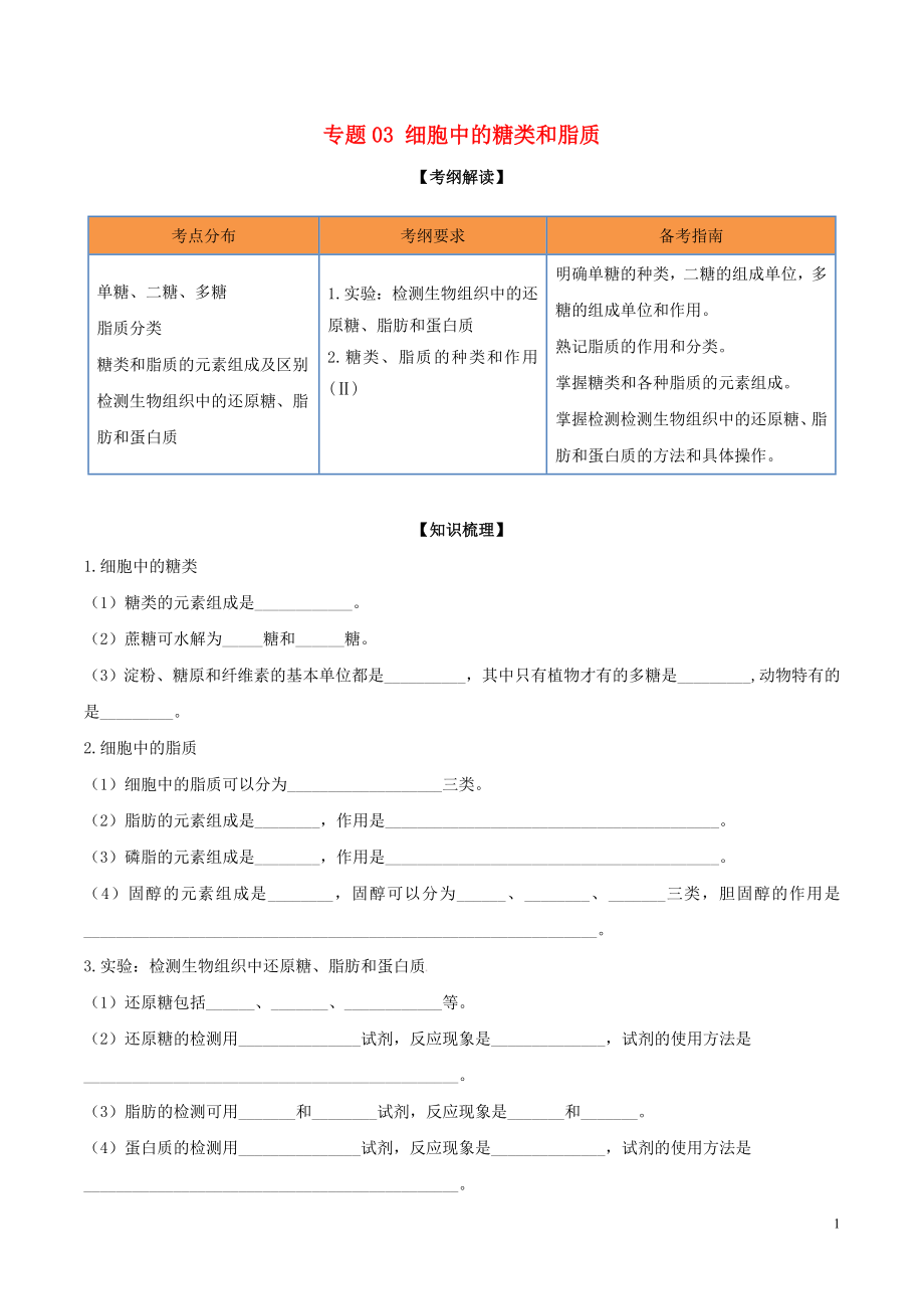 2020年領(lǐng)軍高考生物一輪復(fù)習(xí) 專題03 細(xì)胞中的糖類和脂質(zhì)（含解析）_第1頁