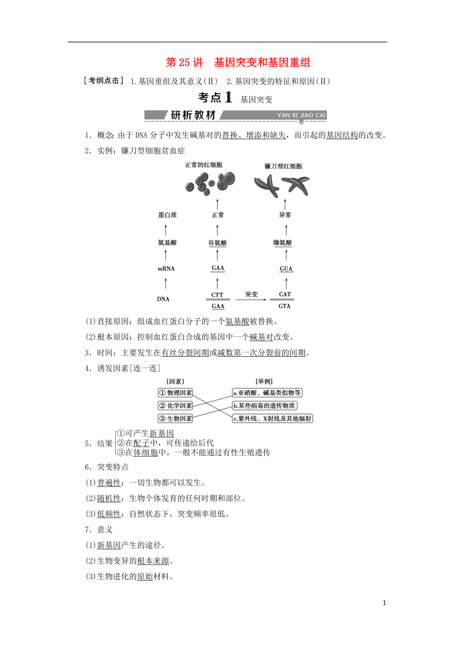 （全國(guó)）2018版高考生物大一輪復(fù)習(xí) 第七單元 生物的變異、育種和進(jìn)化 第25講 基因突變和基因重組學(xué)案_第1頁