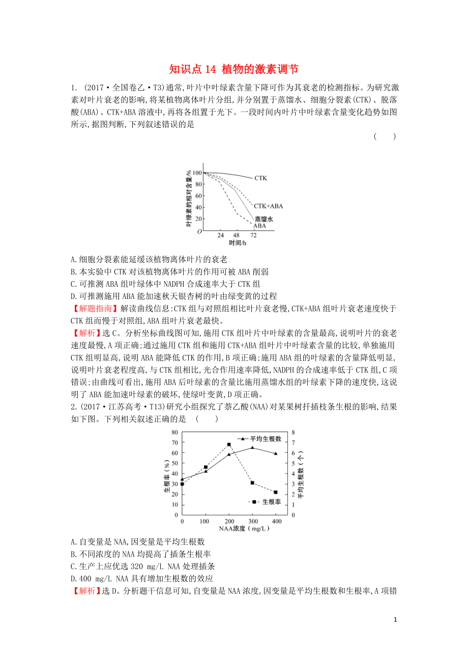 2020届高考生物一轮复习 高考真题分类题库 2017年知识点14 植物的激素调节（含解析）_第1页