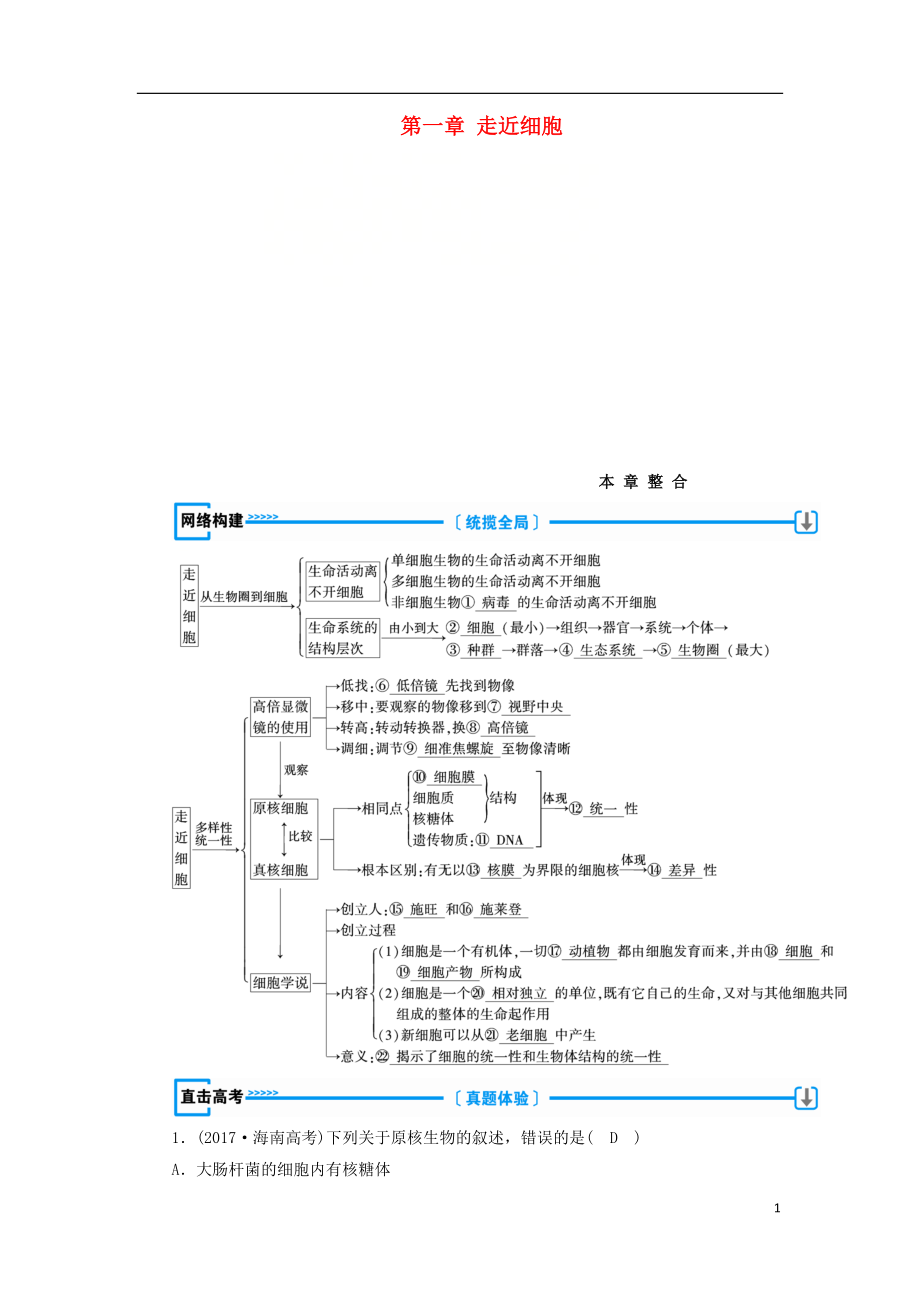 2018年秋高中生物 第一章 走近细胞本章整合学案 新人教版必修1_第1页